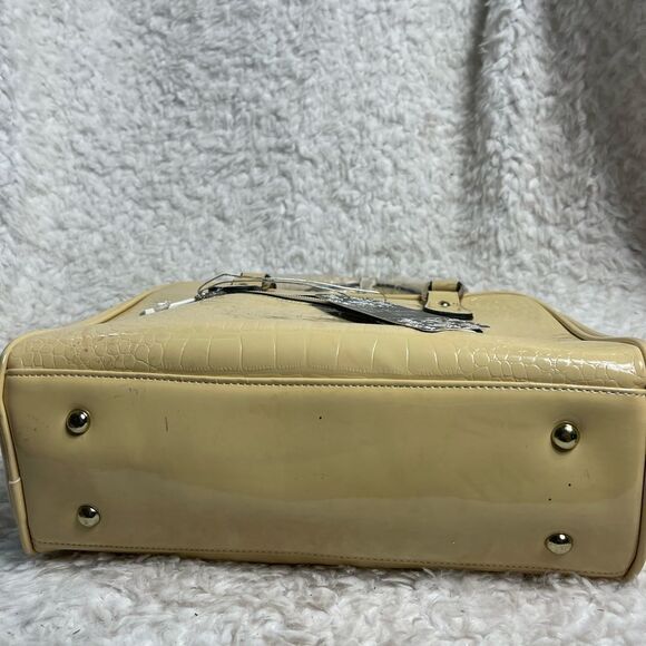 NWTLa Reine Patent Beige croc prints faux leather satchel gold tone frame accent - Picture 6 of 12